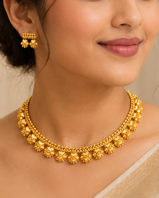 A woman wearing a gold chain necklace and matching gold earrings, dressed in a light beige saree, shown in a softly lit indoor setting.