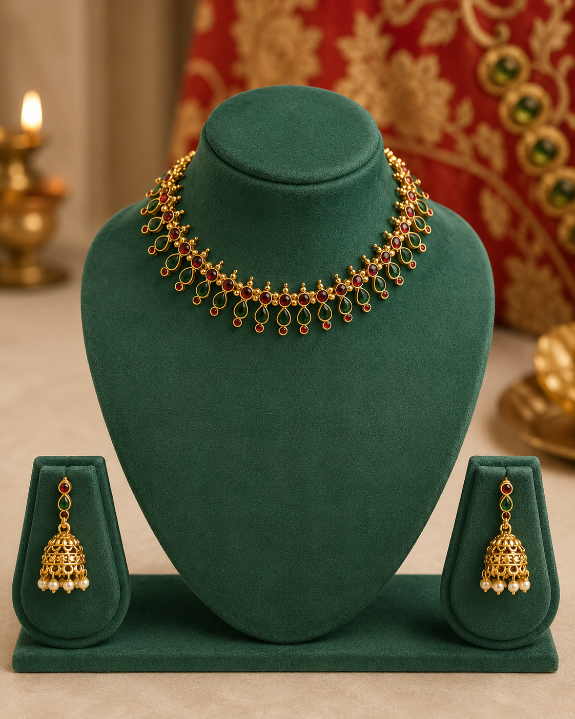 Antique Gold Kemp Necklace Set with Jhumka Earrings - Pattern 1  | ONK102
