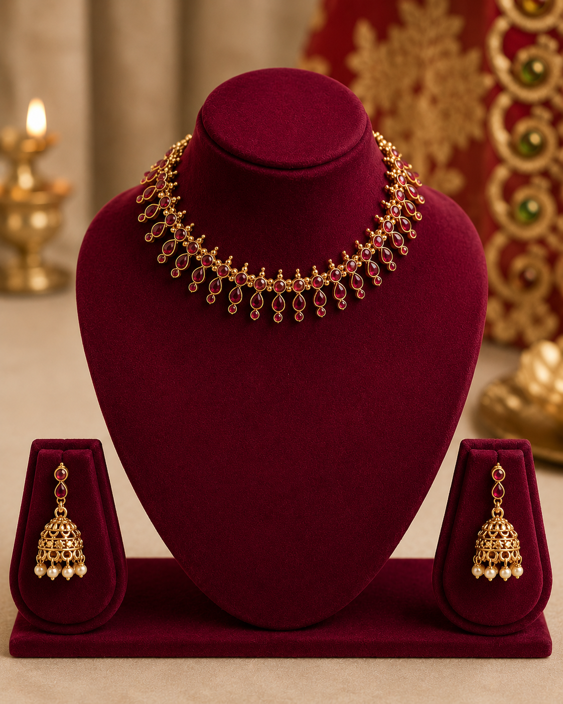 Antique Gold Ruby Kemp Choker Necklace Set with Jhumka - Pattern 2 | ONK102