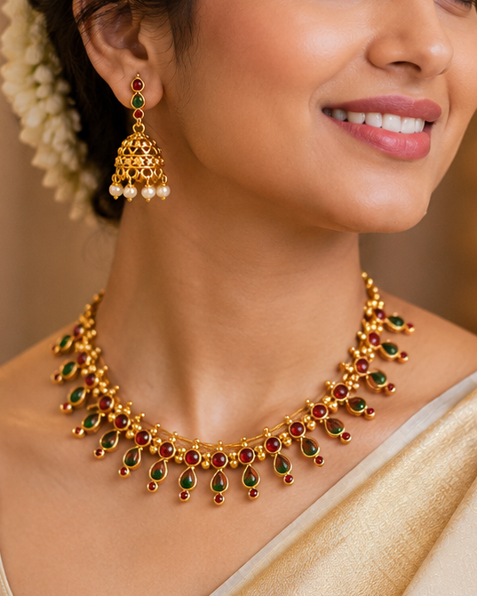 A woman wearing a gold-toned traditional necklace with green stone accents, matching drop earrings, and a cream-colored saree, shown in a warm, softly lit indoor setting.