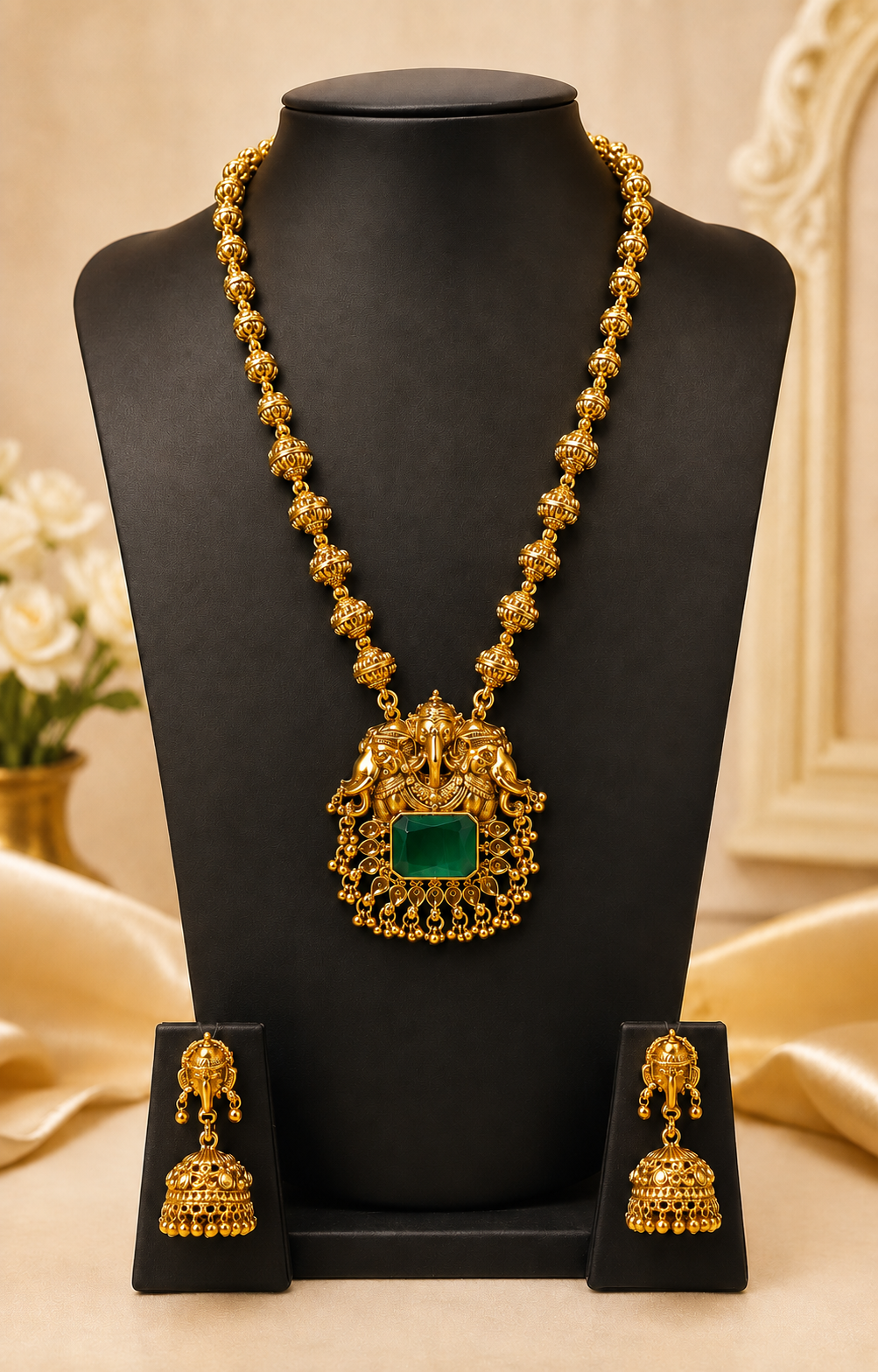 Gold Twin Elephant Nakshi Temple Pendant Emerald Cabochon Graduated Melon Ball Long Haram Set | ONK103