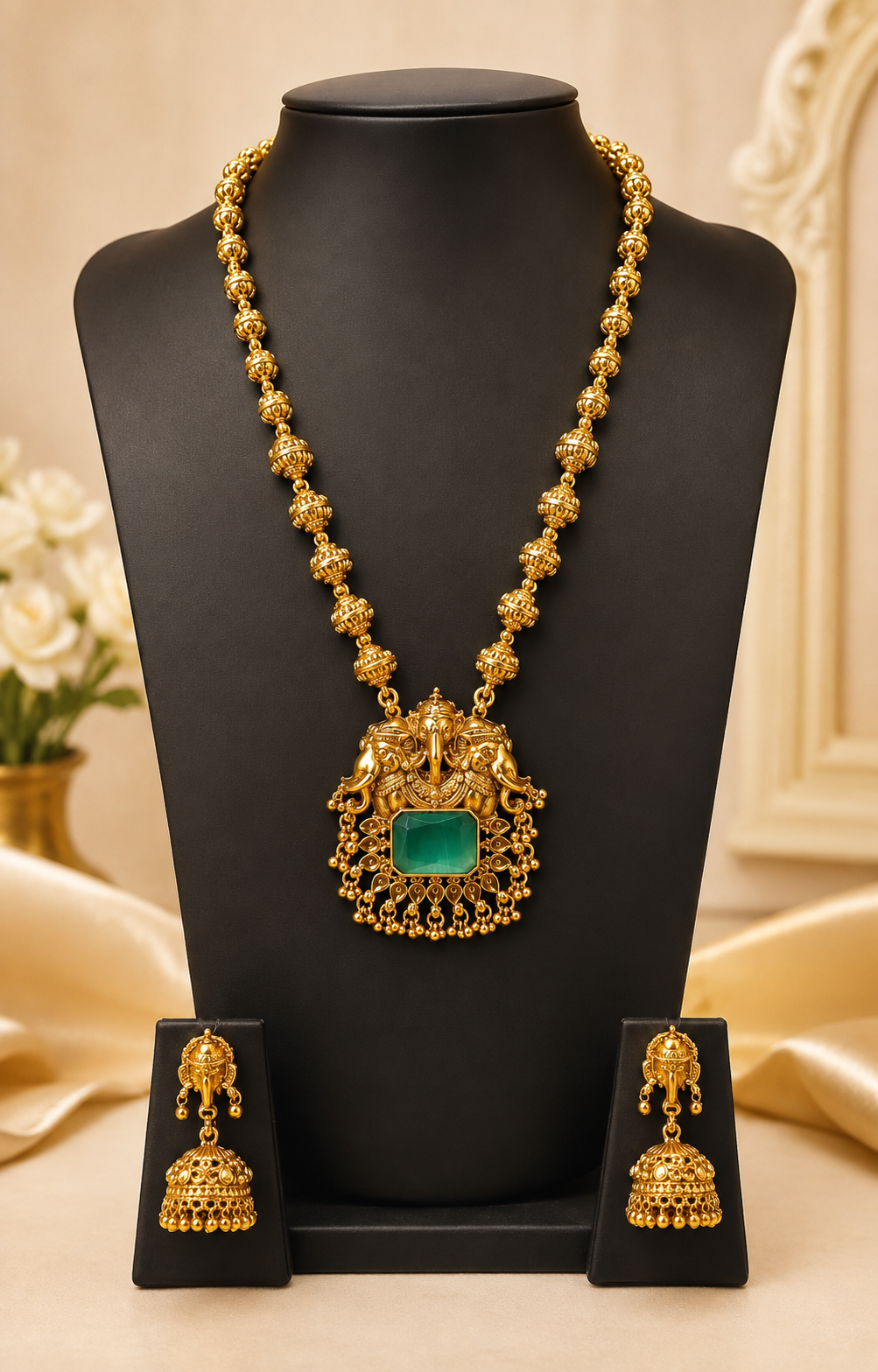 Gold Twin Elephant Nakshi Temple Pendant Emerald Cabochon Graduated Melon Ball Long Haram Set | ONK103