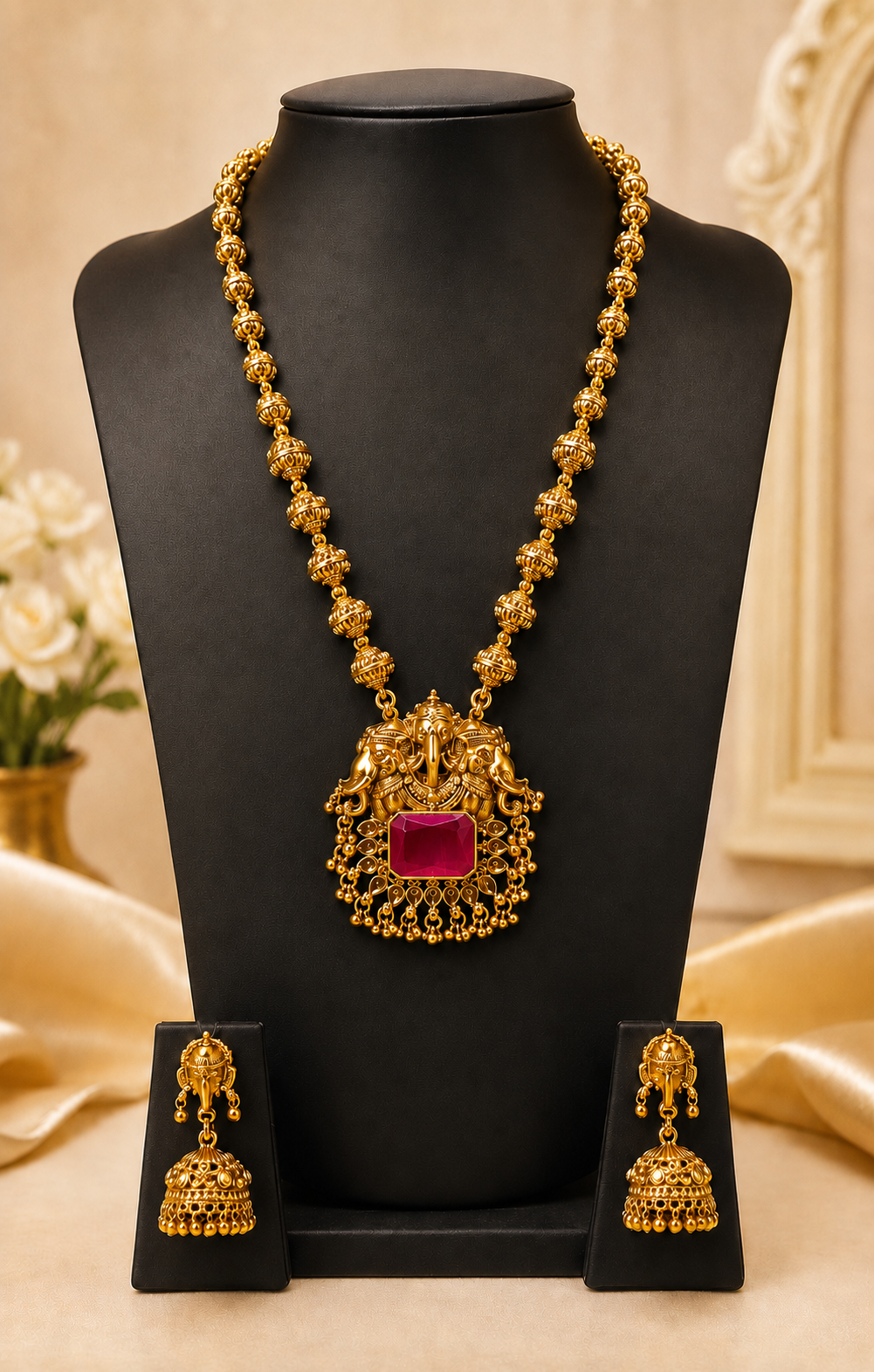 Gold Twin Elephant Nakshi Temple Pendant Emerald Cabochon Graduated Melon Ball Long Haram Set | ONK103