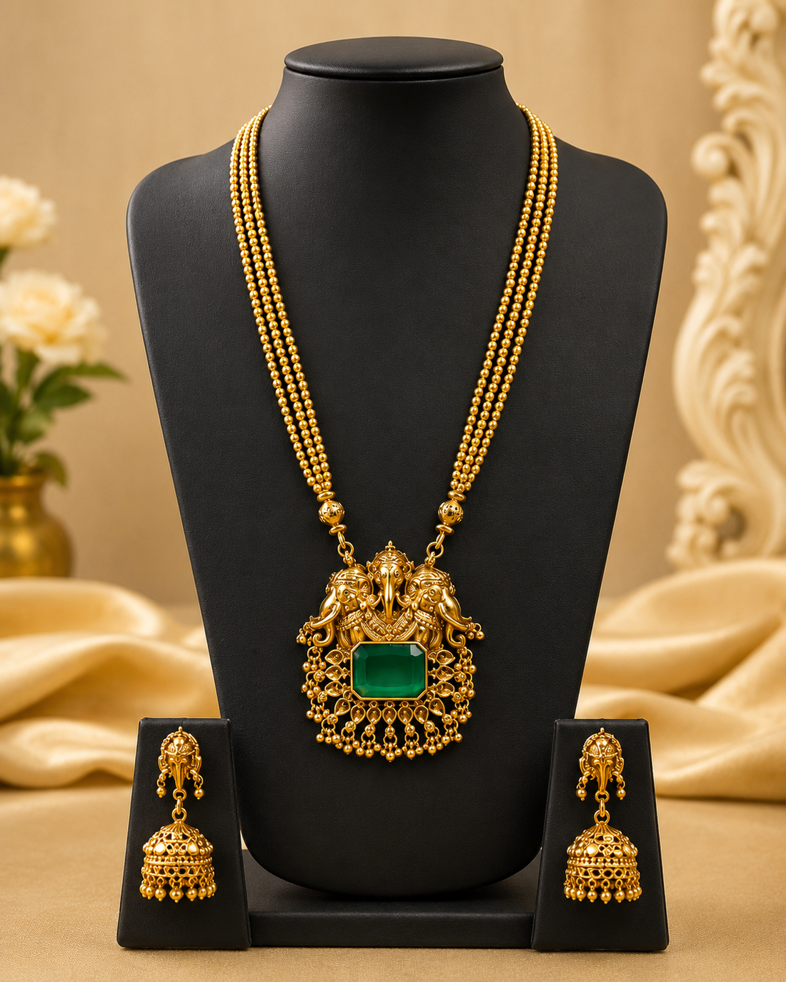 A woman wearing an ornate gold necklace with a large green stone pendant and matching gold earrings, styled with a cream sari and white floral hair accessory.