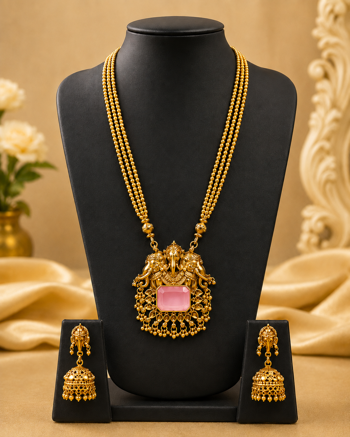 Gold Twin Elephant Nakshi Temple Pendant Emerald Cabochon Triple Strand Gold Ball Bead Long Haram Set | ONK104