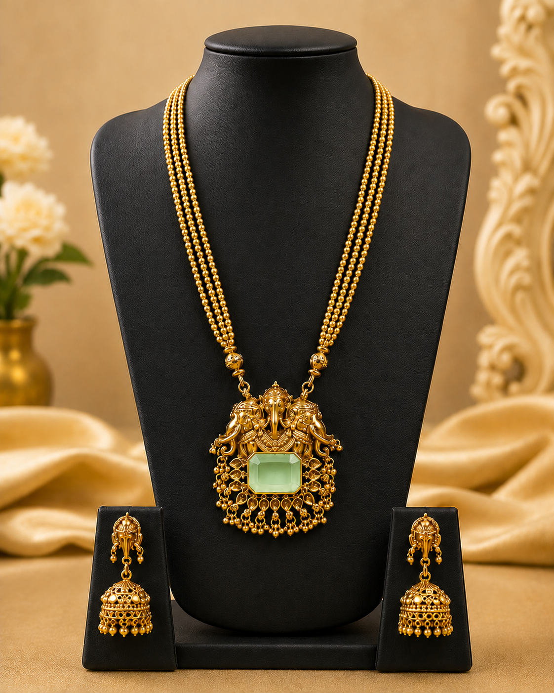 Gold Twin Elephant Nakshi Temple Pendant Emerald Cabochon Triple Strand Gold Ball Bead Long Haram Set | ONK104