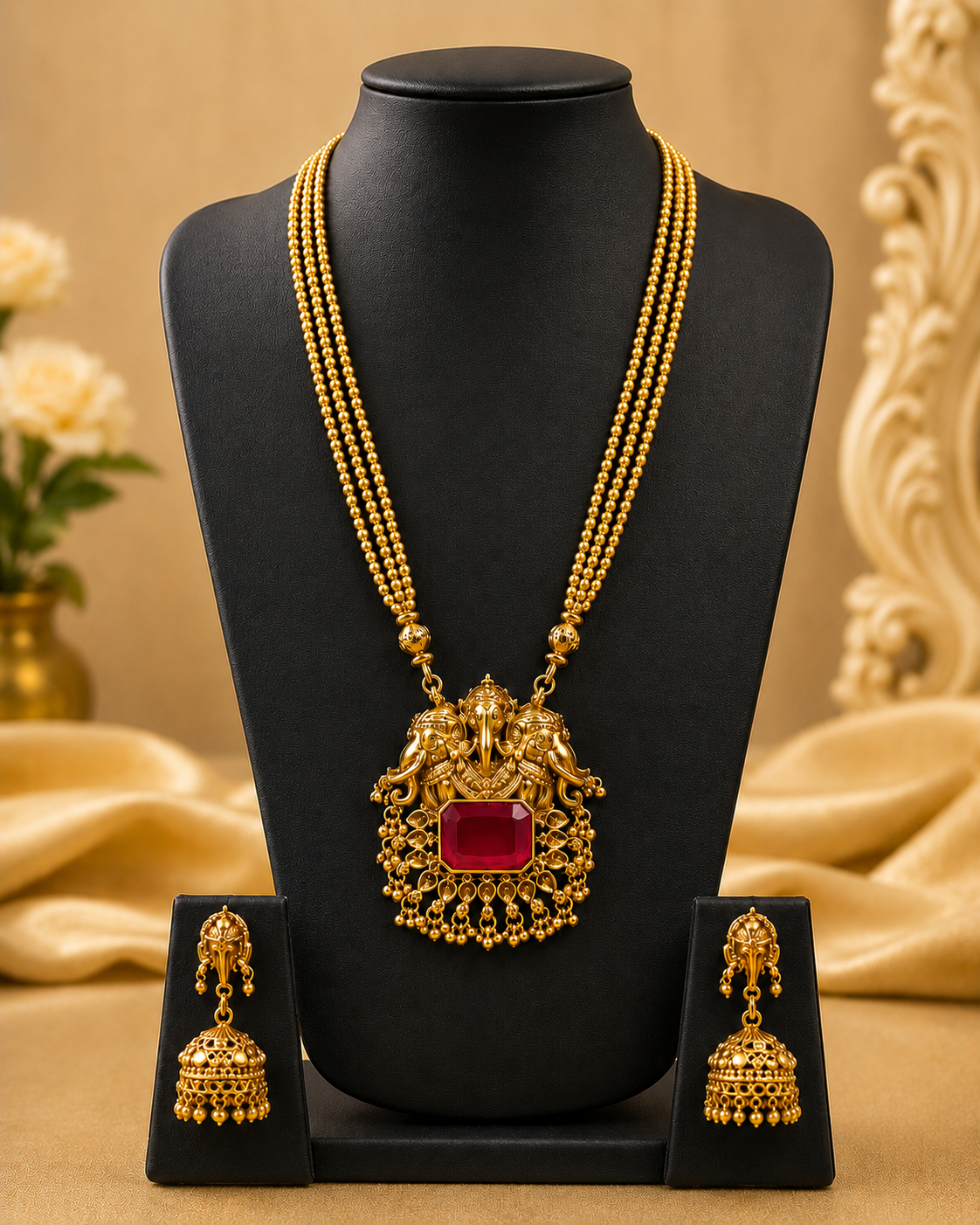 Gold Twin Elephant Nakshi Temple Pendant Emerald Cabochon Triple Strand Gold Ball Bead Long Haram Set | ONK104