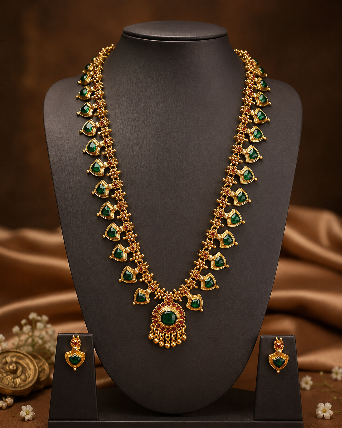 Gold-toned traditional necklace set with matching earrings displayed on a black jewelry bust against a warm brown draped fabric background.