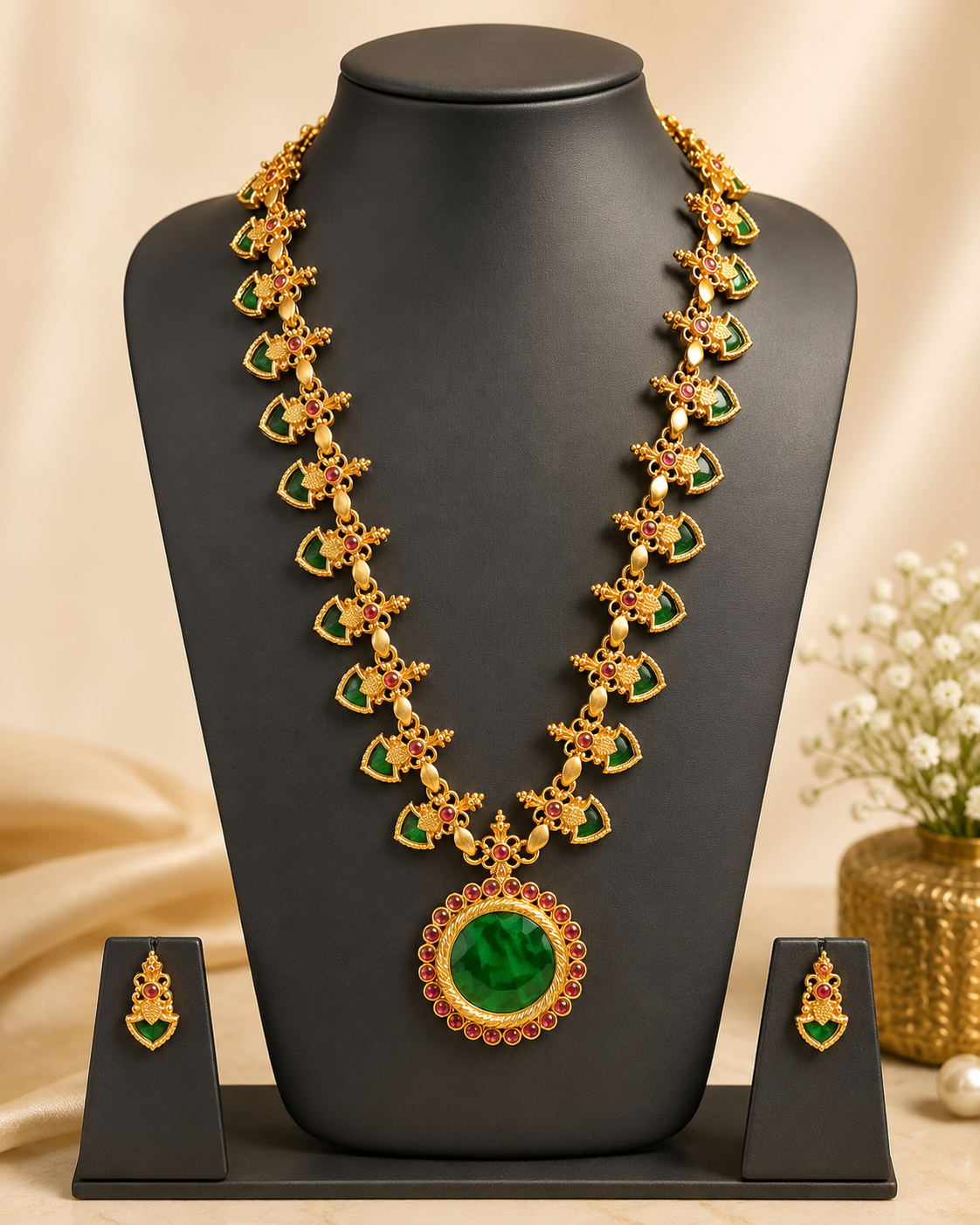 Gold Emerald Trillion Kemp Ruby Granule Cross Connector Long Opera Haram with Emerald Cabochon Ruby Halo Pendant | ONK106