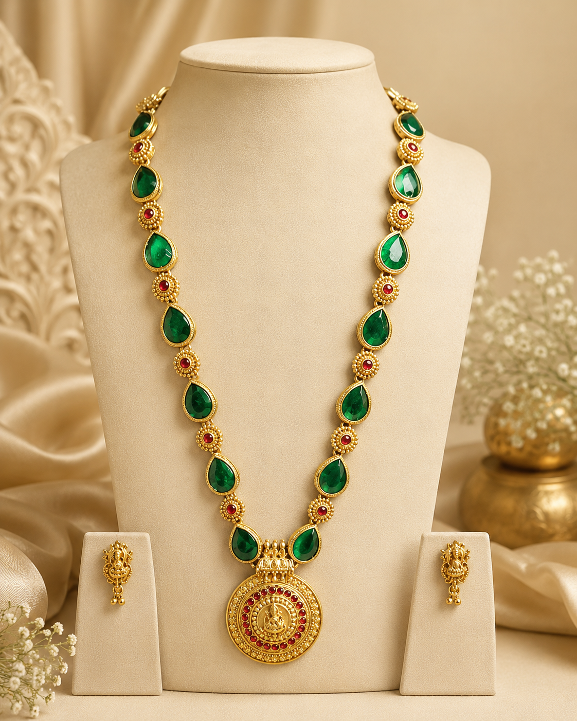 Gold Emerald Teardrop Kemp Ruby Granule Disc Long Opera Haram with Goddess Lakshmi Nakshi Ruby Halo Pendant | ONK107