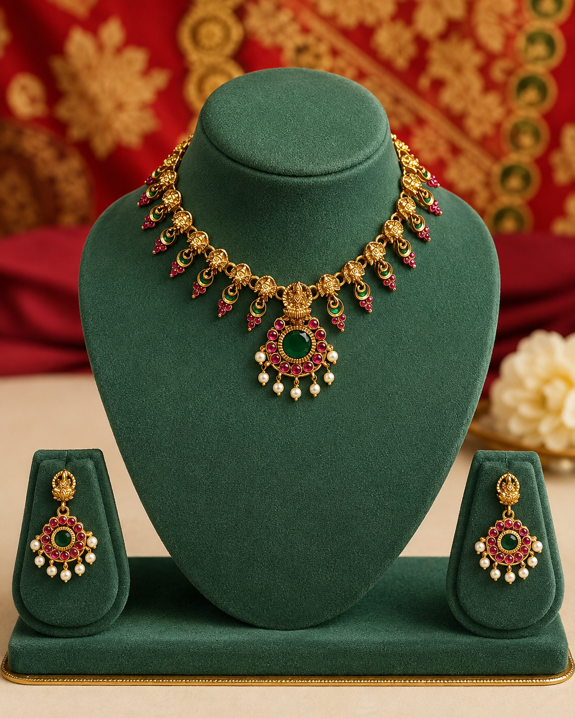 Antique Gold Temple Necklace Set with Ruby & Emerald Stones | ONK108