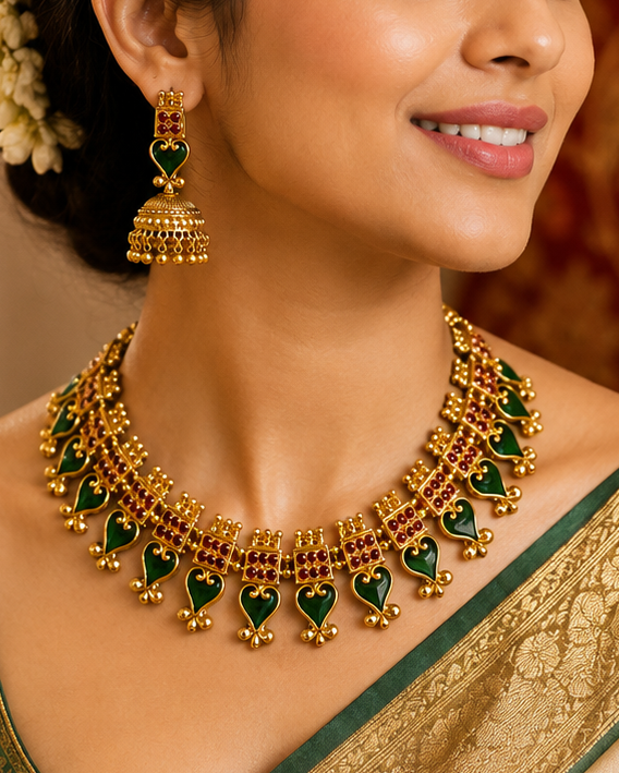 Antique Gold Ruby Kemp Square Motif Necklace Set with Jhumka Earrings | ONK109