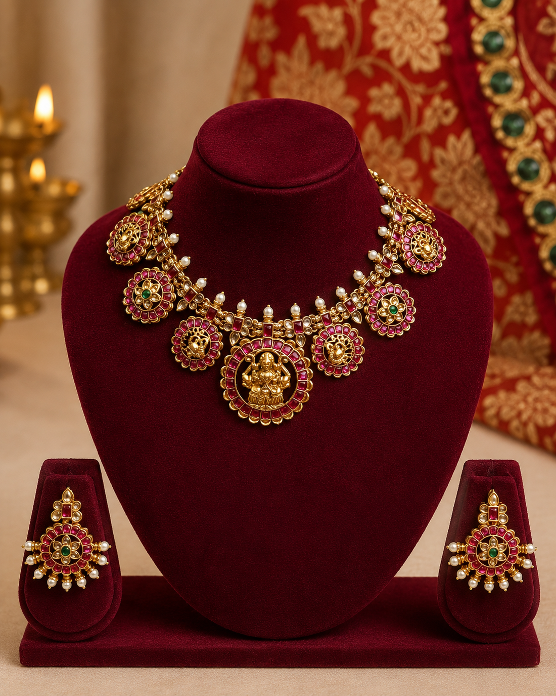Antique Gold Lakshmi Temple Necklace Set with Ruby Kemp & Pearl | ONK110