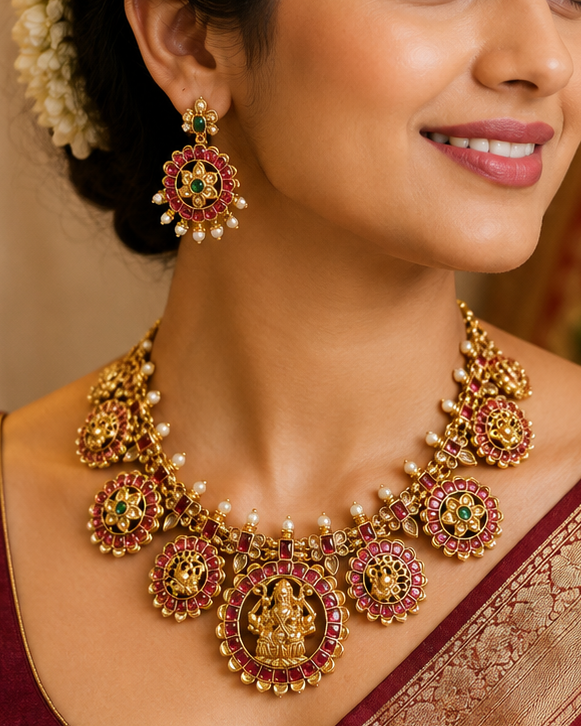 Antique Gold Lakshmi Temple Necklace Set with Ruby Kemp & Pearl | ONK110