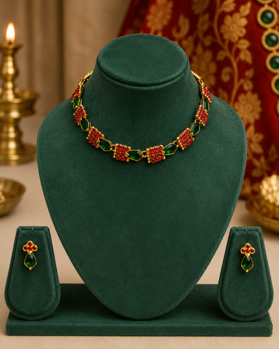 Antique Gold Ruby Coral & Emerald Leaf Choker Necklace Set | ONK111