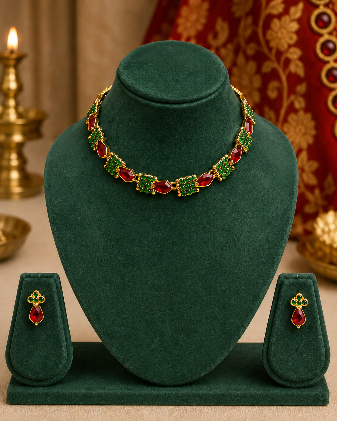 Antique Gold Ruby Coral & Emerald Leaf Choker Necklace Set | ONK111