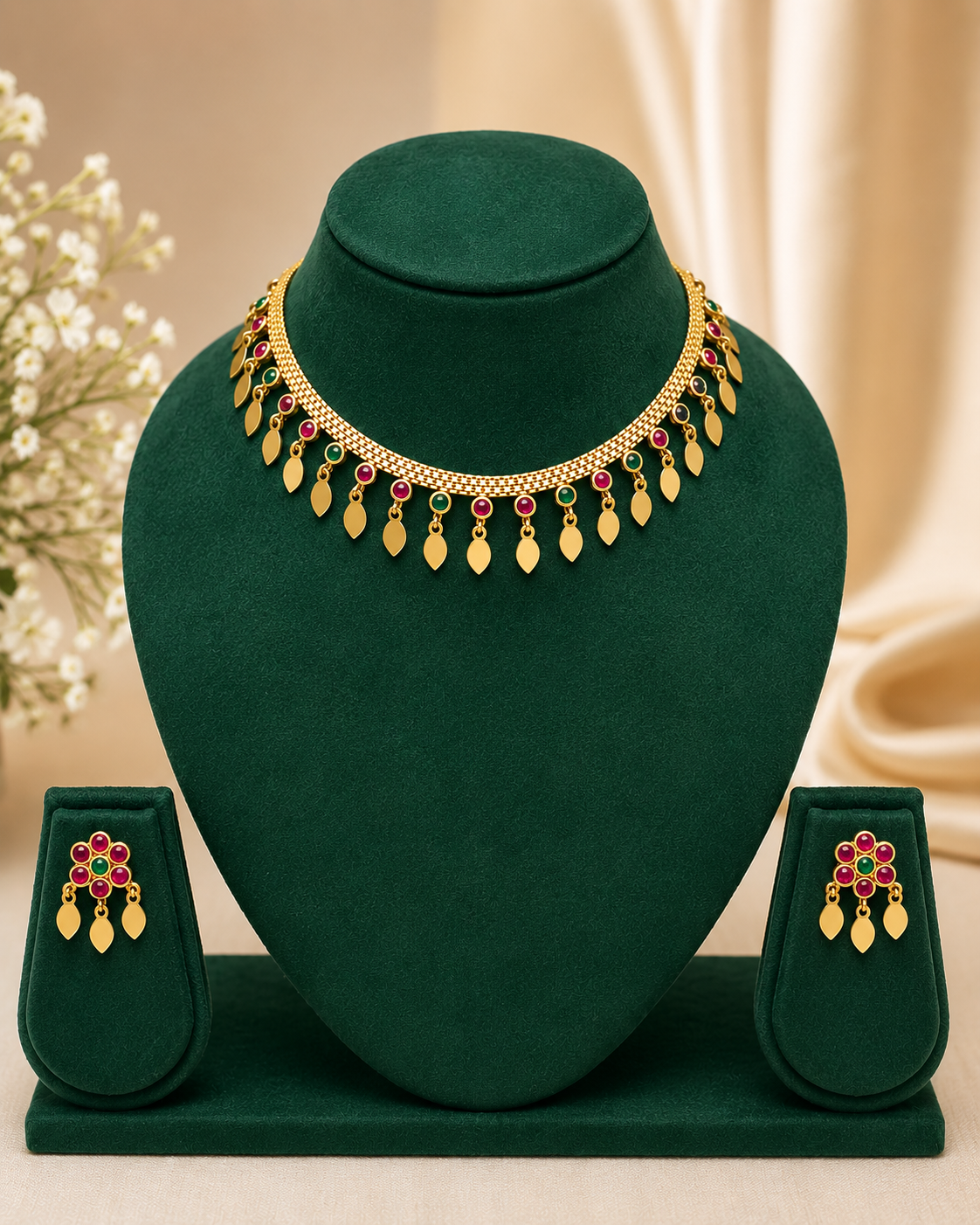 Antique Gold Leaf Fringe Choker Necklace Set with Ruby & Emerald | ONK112