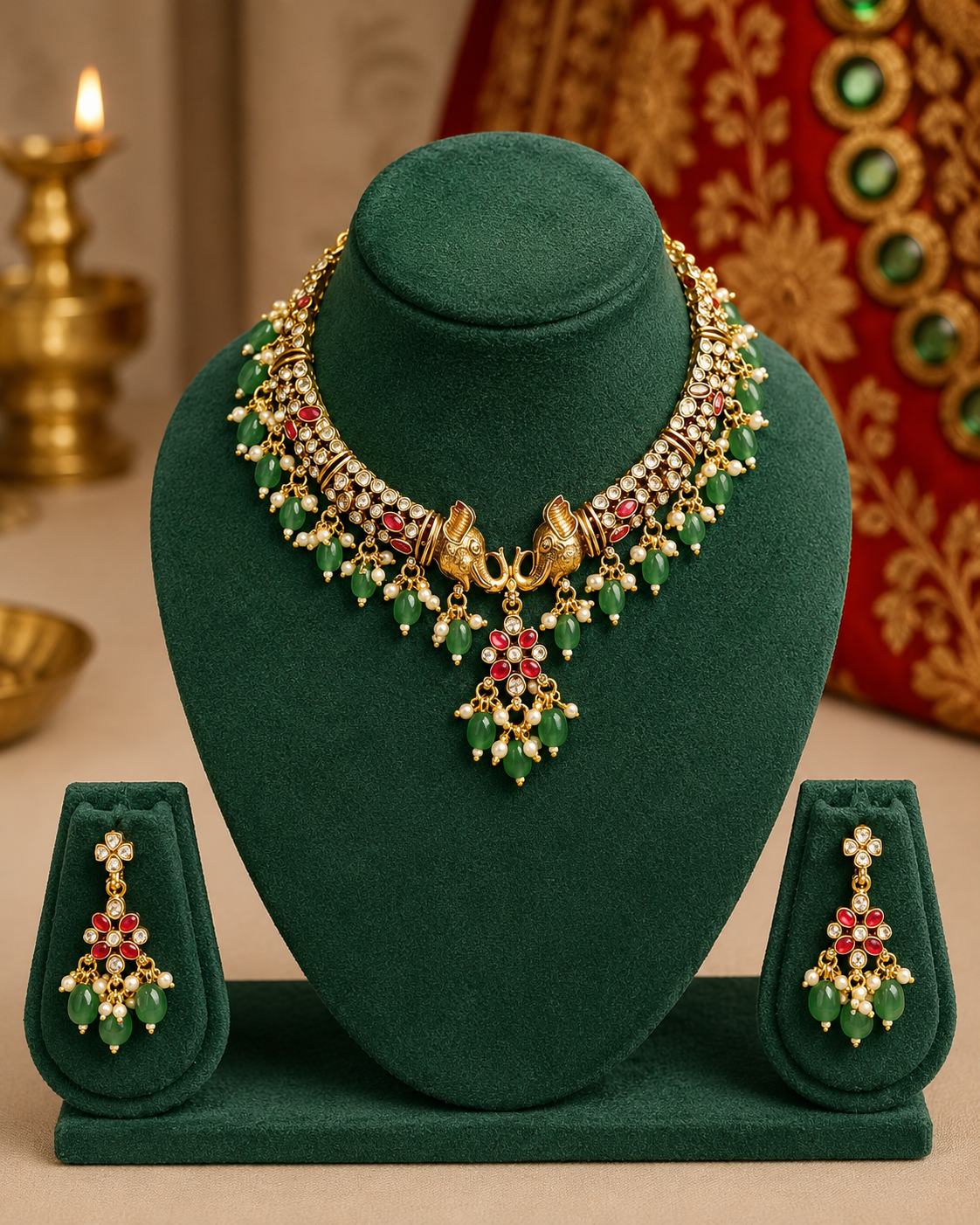 Gold-plated traditional Indian jewelry set featuring a necklace and matching earrings, embellished with green and red stones and white pearls, displayed on a dark green velvet stand.