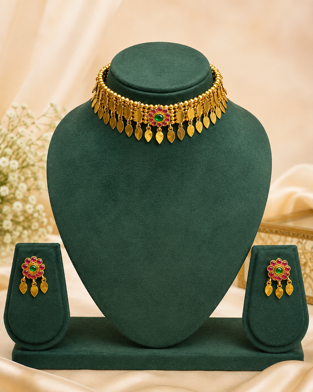 A woman wearing a gold-toned traditional necklace and matching earrings, styled with a cream and gold saree and white floral hair accessories, set against a warm brown background.