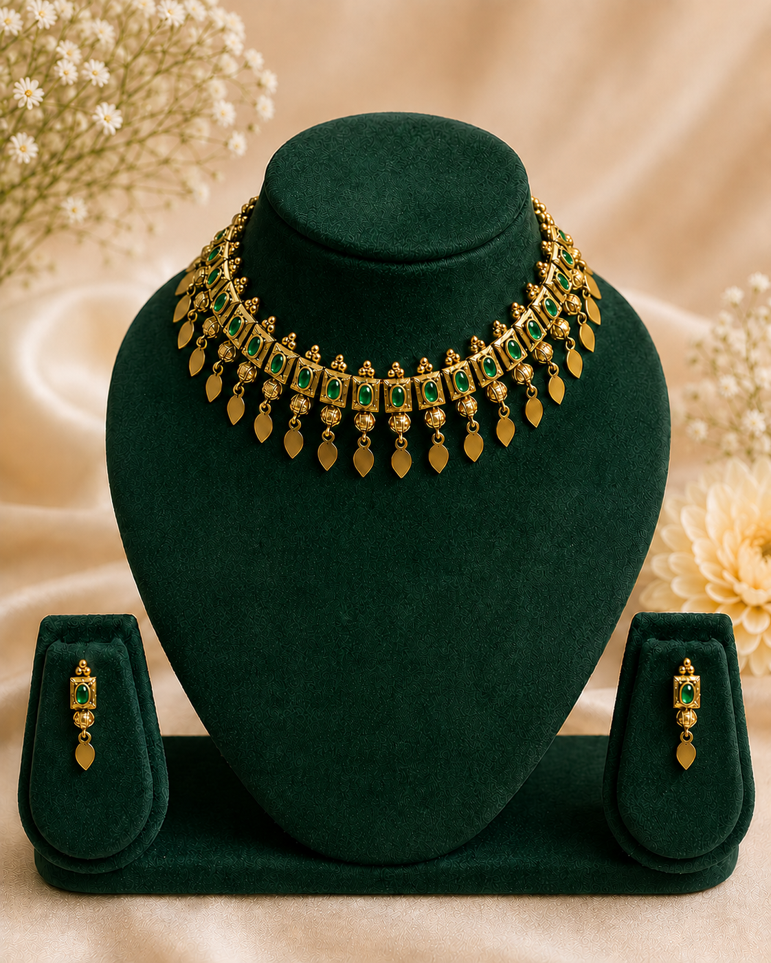 Antique Gold Rectangular Kemp Stone Elakkathali Choker Necklace Set with Leaf Drop Earrings | ONK124