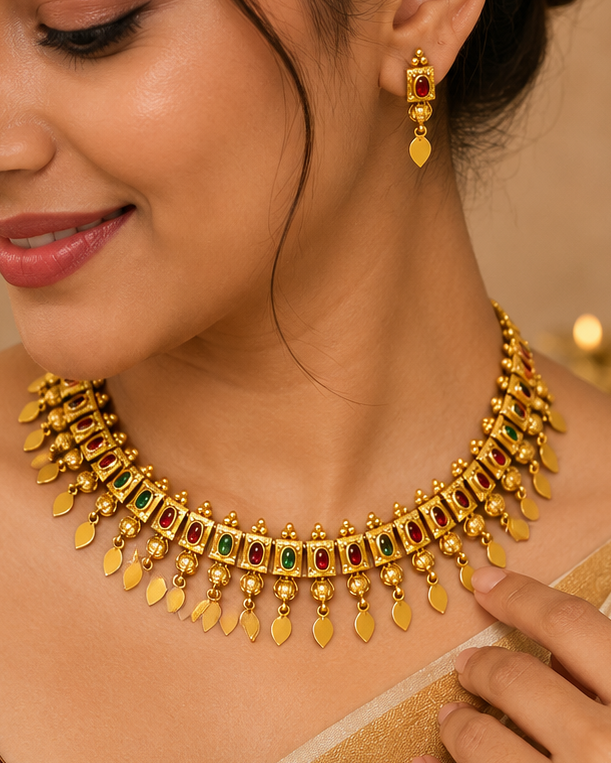 A woman wearing a gold-toned traditional necklace with rectangular green and red stone accents, matching drop earrings, and a gold saree, shown in a warm indoor setting.