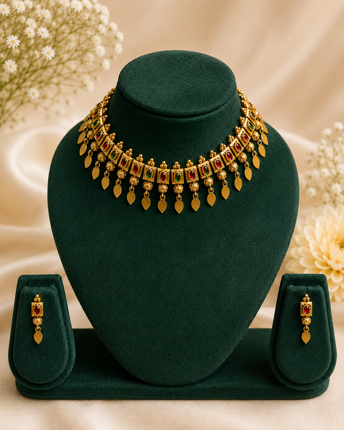 Antique Gold Rectangular Kemp Stone Elakkathali Choker Necklace Set with Leaf Drop Earrings | ONK124