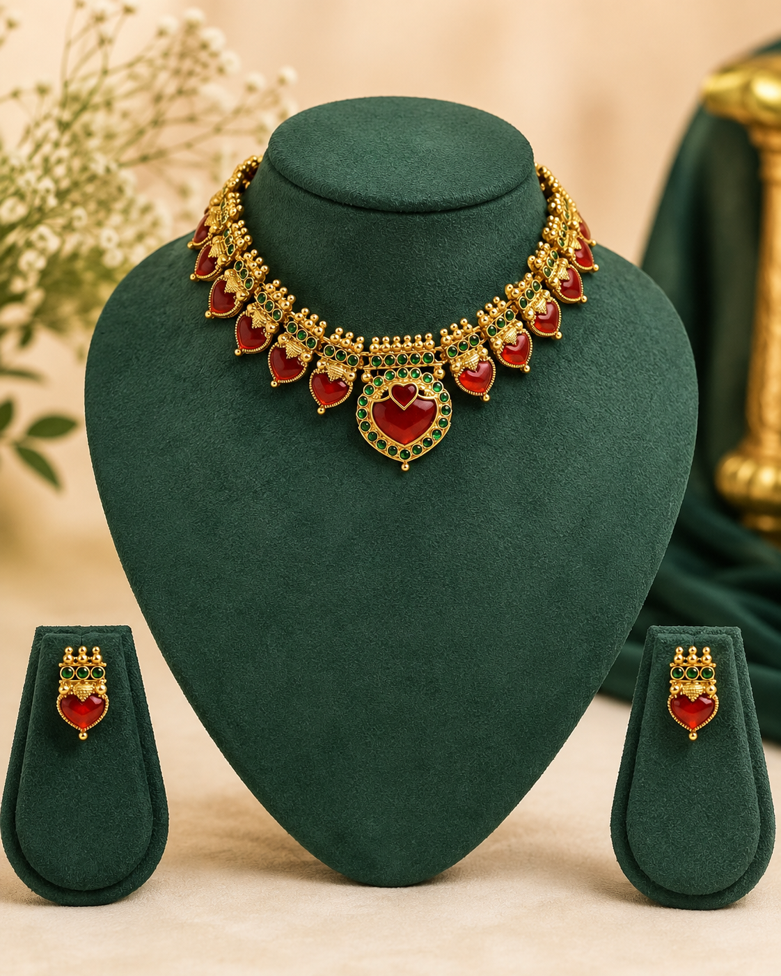 Antique Gold Kemp Heart Choker Red Stone Emerald Border Set | ONK126