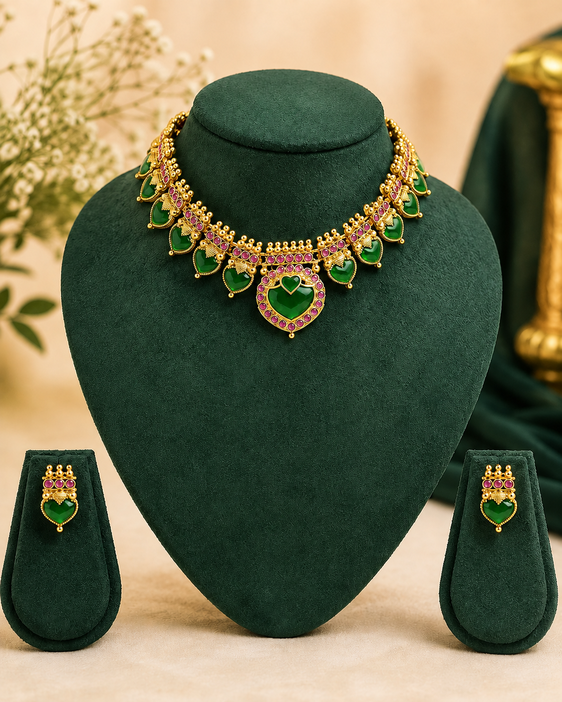 Antique Gold Kemp Heart Choker Red Stone Emerald Border Set | ONK126