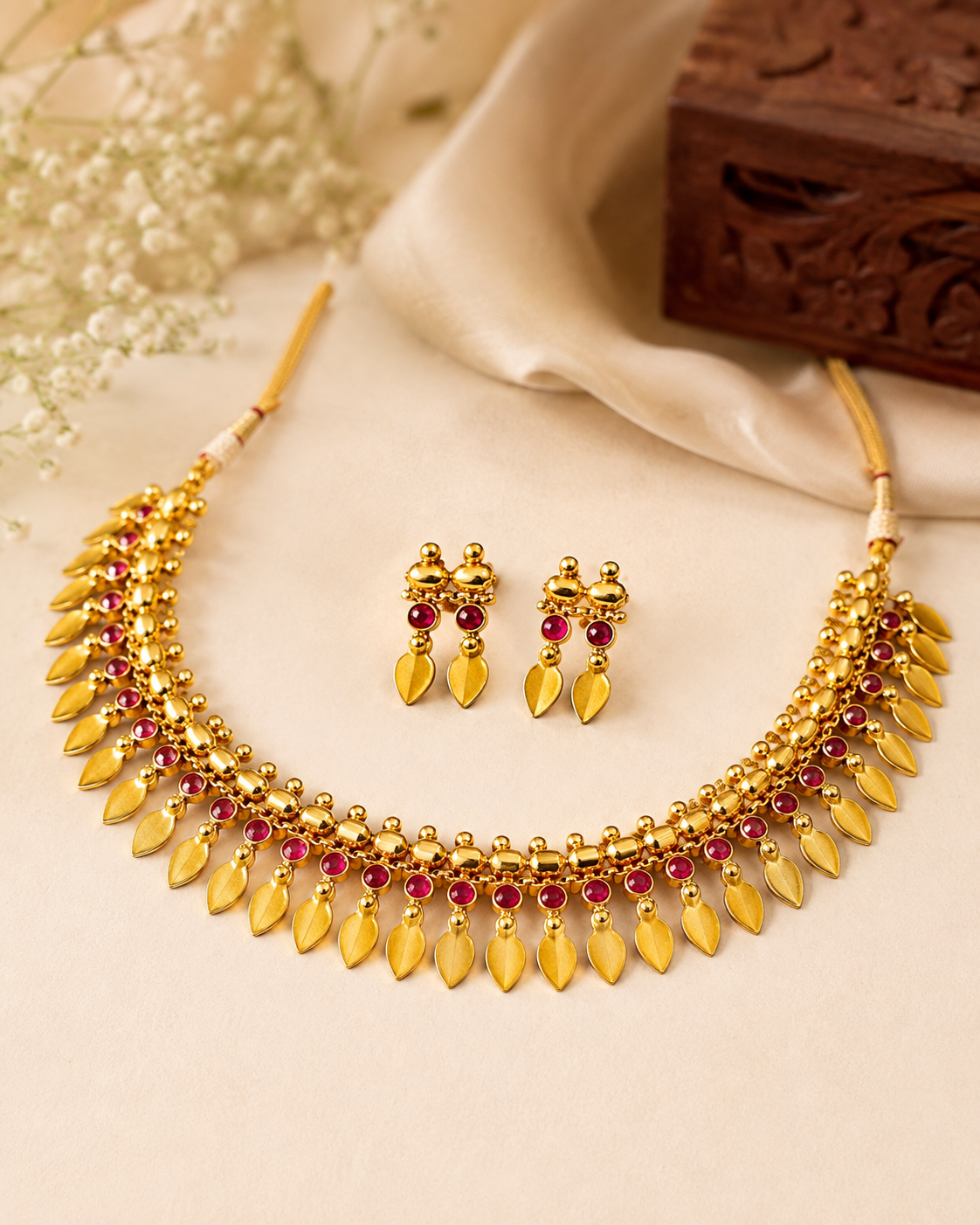 Antique Gold Beaded Choker Ruby Stone Gold Leaf Drop Set | ONK127