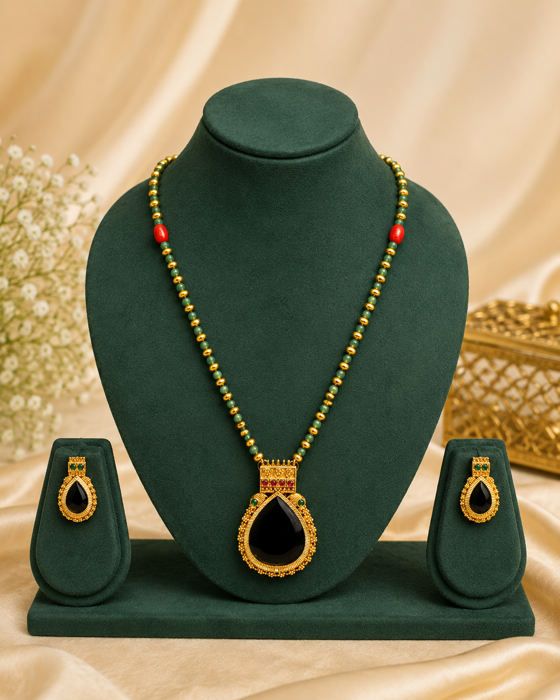 Antique Gold Dark Green Teardrop Pendant Green Bead Necklace Set | ONK128