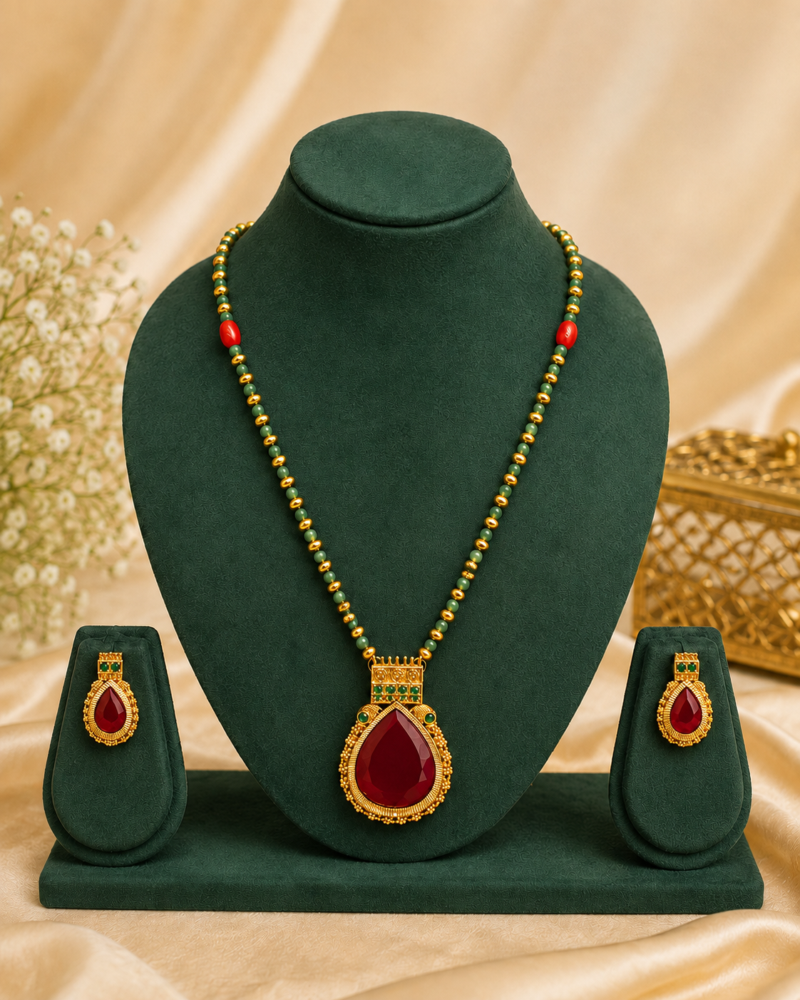 Antique Gold Ruby Teardrop Pendant Green Bead Necklace Set | ONK129