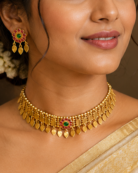A woman wearing a gold-toned traditional necklace and matching earrings, styled with a cream and gold saree and white floral hair accessories, set against a warm brown background.