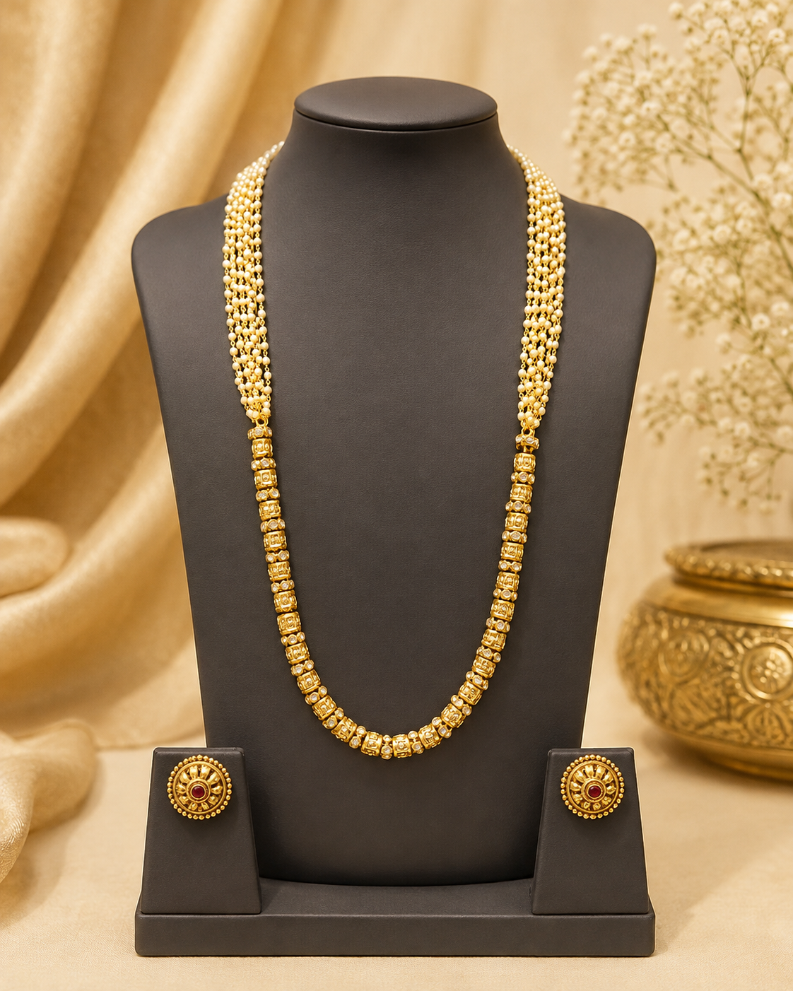 Antique Gold CZ Polki Square Nakshi Bead Long Opera Necklace Set | ONK13