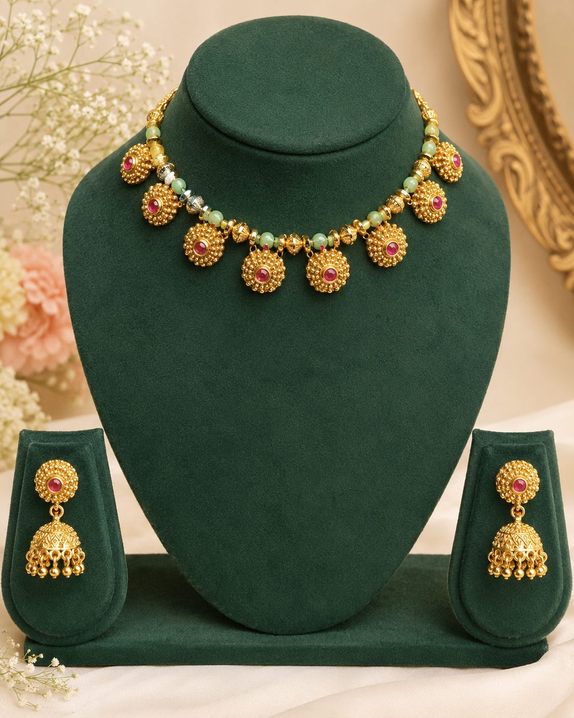 Gold-toned traditional jewelry set displayed on a dark green velvet mannequin bust, including a necklace with round pendant motifs and matching drop earrings, with small floral props in the background.