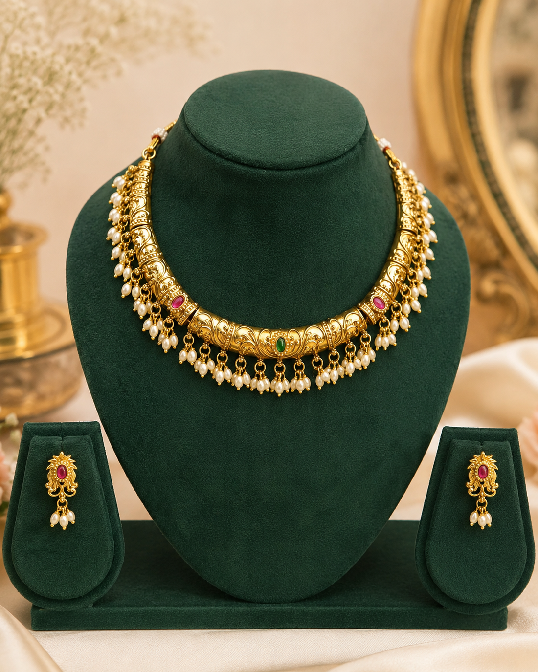 A woman wearing a gold-toned traditional necklace with red and green stone accents, matching earrings, and a cream-colored sari, shown in a softly lit indoor setting.