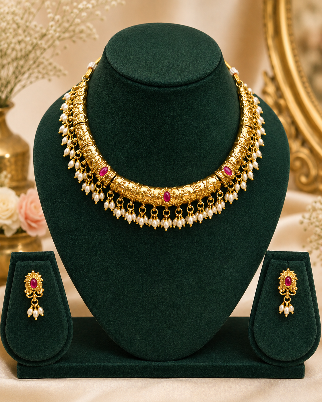 Antique Gold Temple Choker Ruby Stone Pearl Drop Earring Set | ONK133