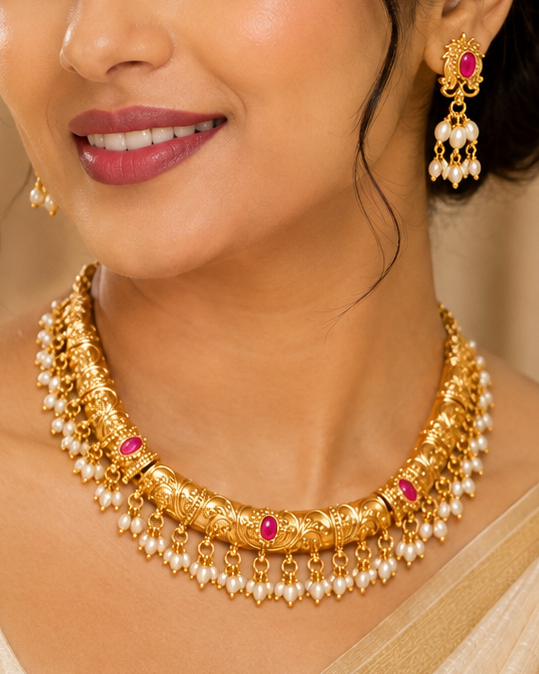 A woman wearing a gold-toned traditional necklace with pearl-like white beads and small pink stone accents, matching dangling earrings, and a cream saree in an indoor setting.