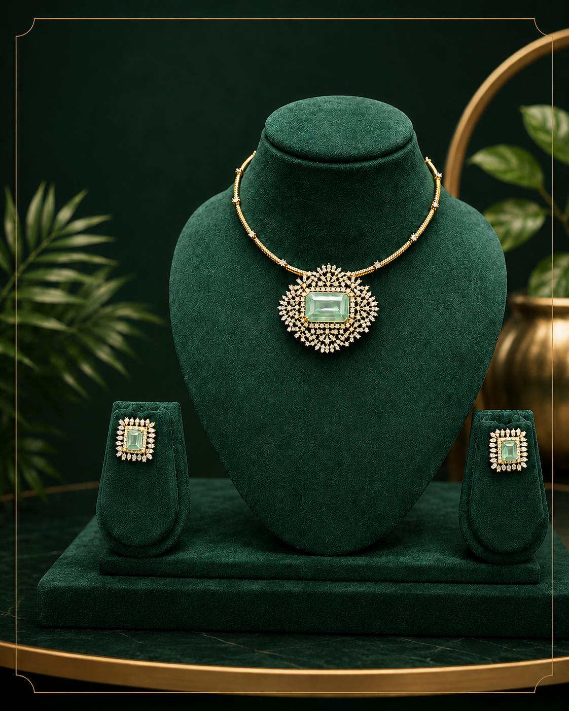 Gold CZ Sunburst Pendant Necklace Set with Emerald Centre Stone | ONK140