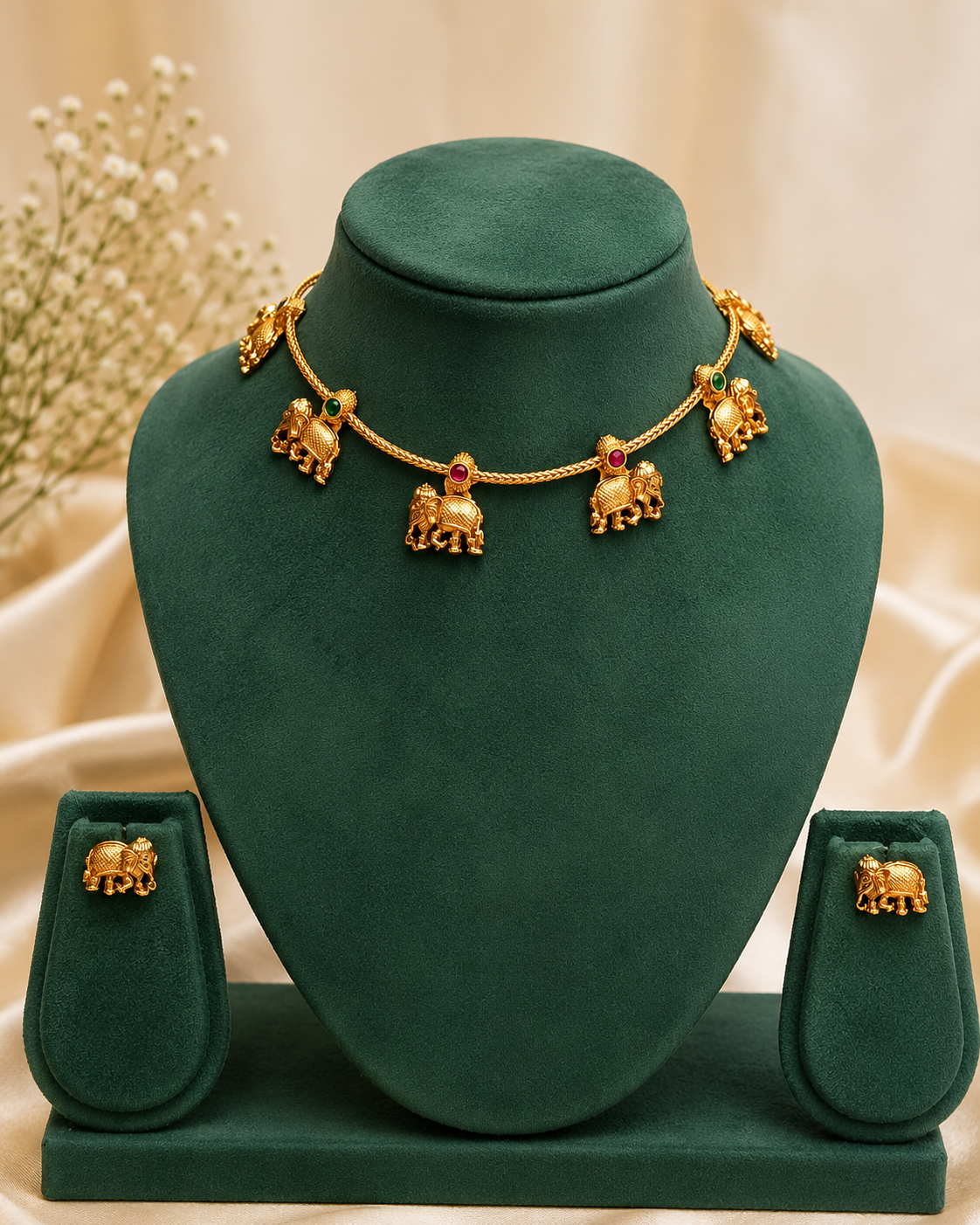 Antique Gold Nakshi Elephant Charm Choker Necklace Set | ONK141