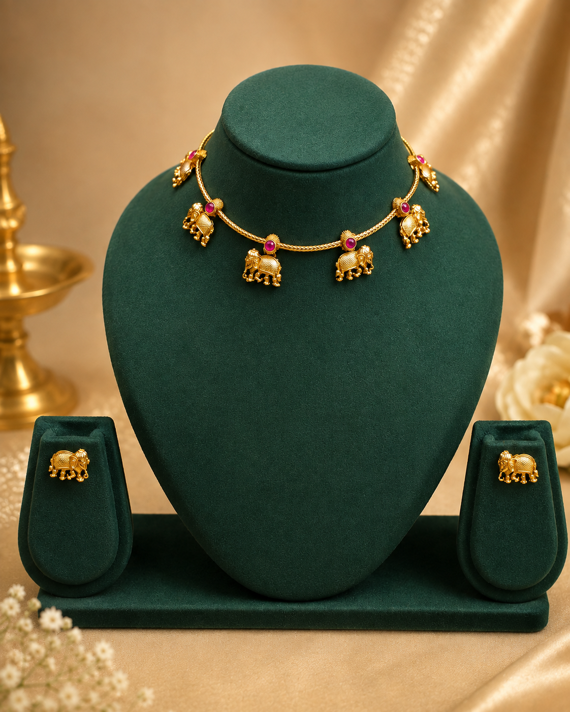 Antique Gold Elephant Motif Choker Ruby Stone Necklace Set | ONK143