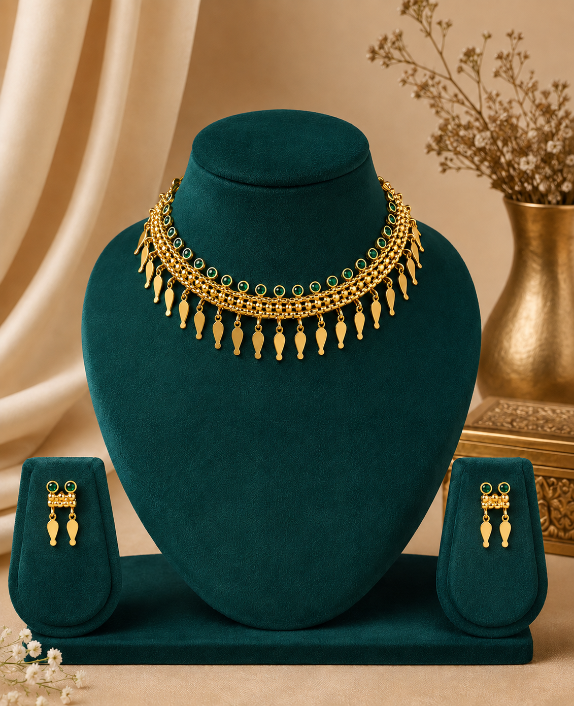 Antique Gold Kemp Choker Green Stone Fish Drop Necklace Set | ONK144