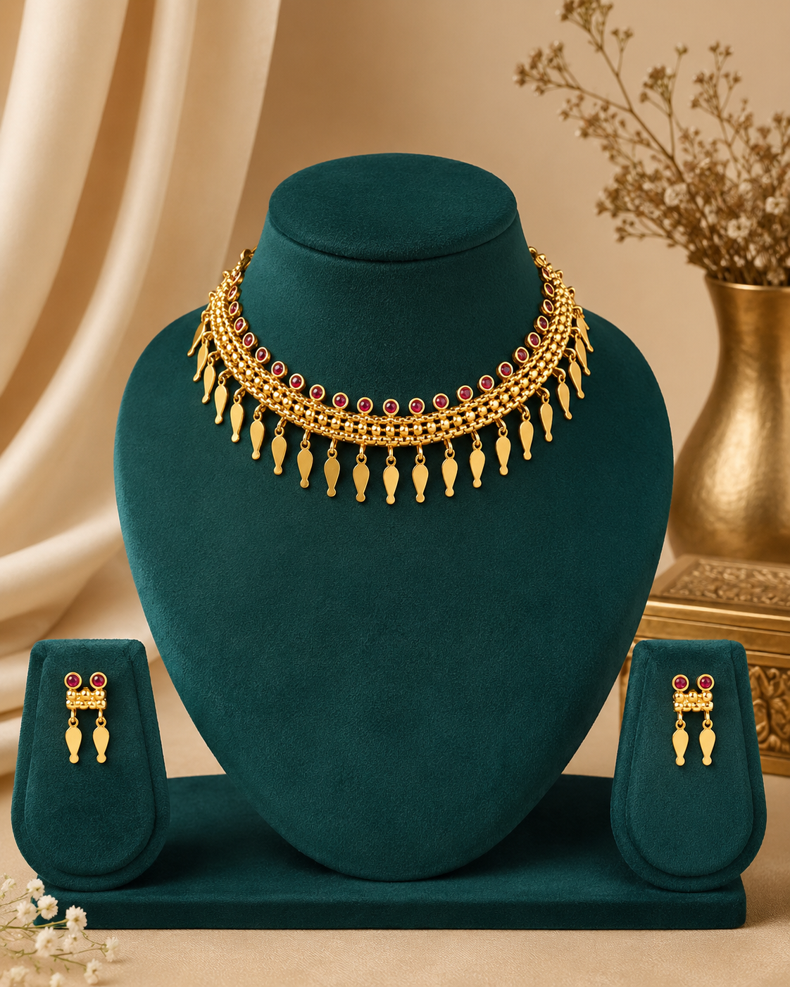 Gold-toned traditional necklace and matching drop earrings displayed on a dark teal jewelry bust set, with the earrings also shown on small matching display stands against a warm beige backdrop with draped fabric and a decorative vase.