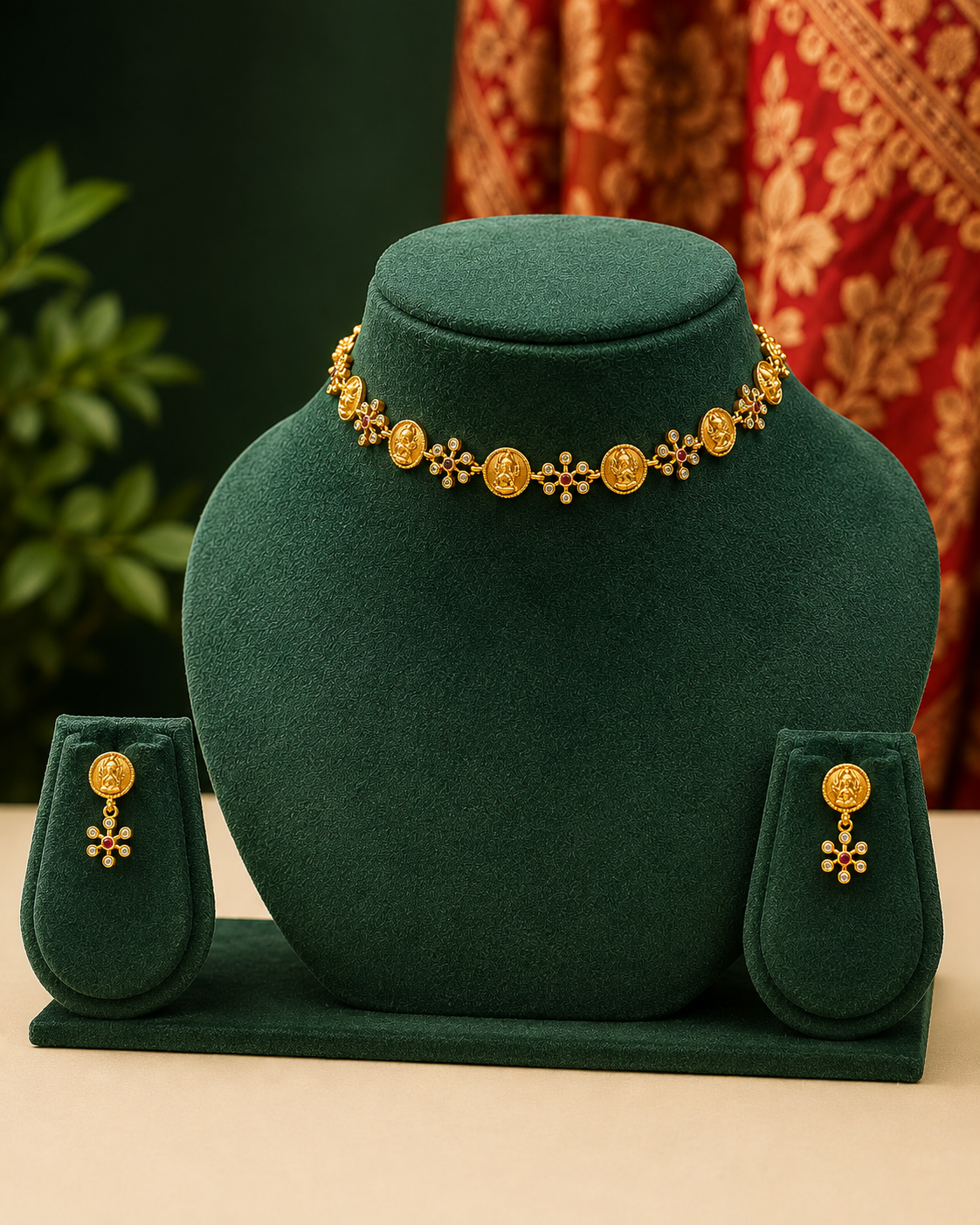 Gold jewelry set featuring a necklace, matching earrings, and a pair of earrings displayed on a dark green velvet jewelry stand. The jewelry features circular gold motifs and small floral details, set against a background with a red patterned fabric and green foliage.
