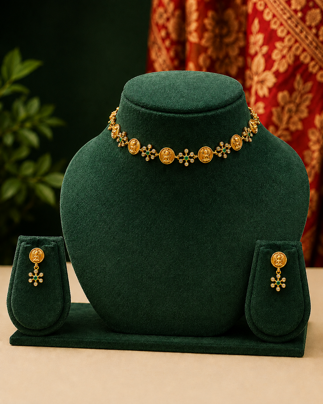 Antique Gold Lakshmi Coin Choker Necklace Set with Ruby CZ Connectors | ONK146