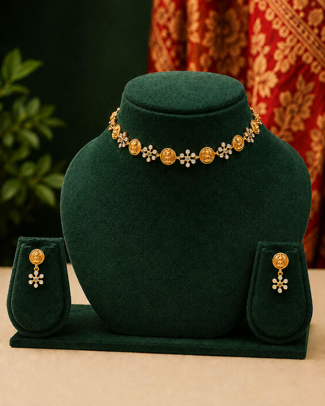 Antique Gold Lakshmi Coin Choker Necklace Set with Ruby CZ Connectors | ONK146