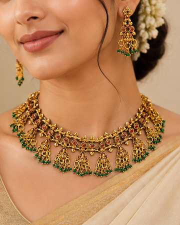 Antique Gold Guttapusalu Choker Set with Ruby Green Beads | ONK147