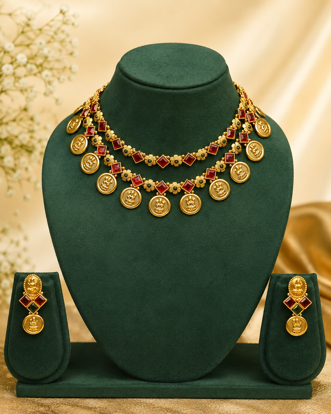 A woman wearing a traditional Indian outfit with a gold coin necklace and matching gold earrings with red stones, shown in a warm, festive setting.