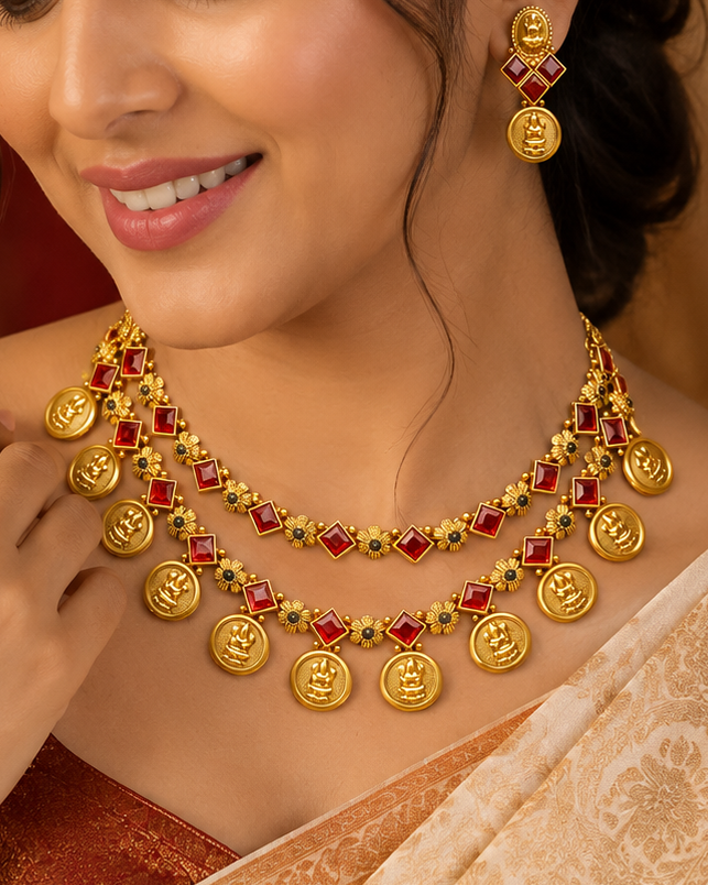 A woman wearing a traditional Indian outfit with a gold coin necklace and matching gold earrings with red stones, shown in a warm, festive setting.