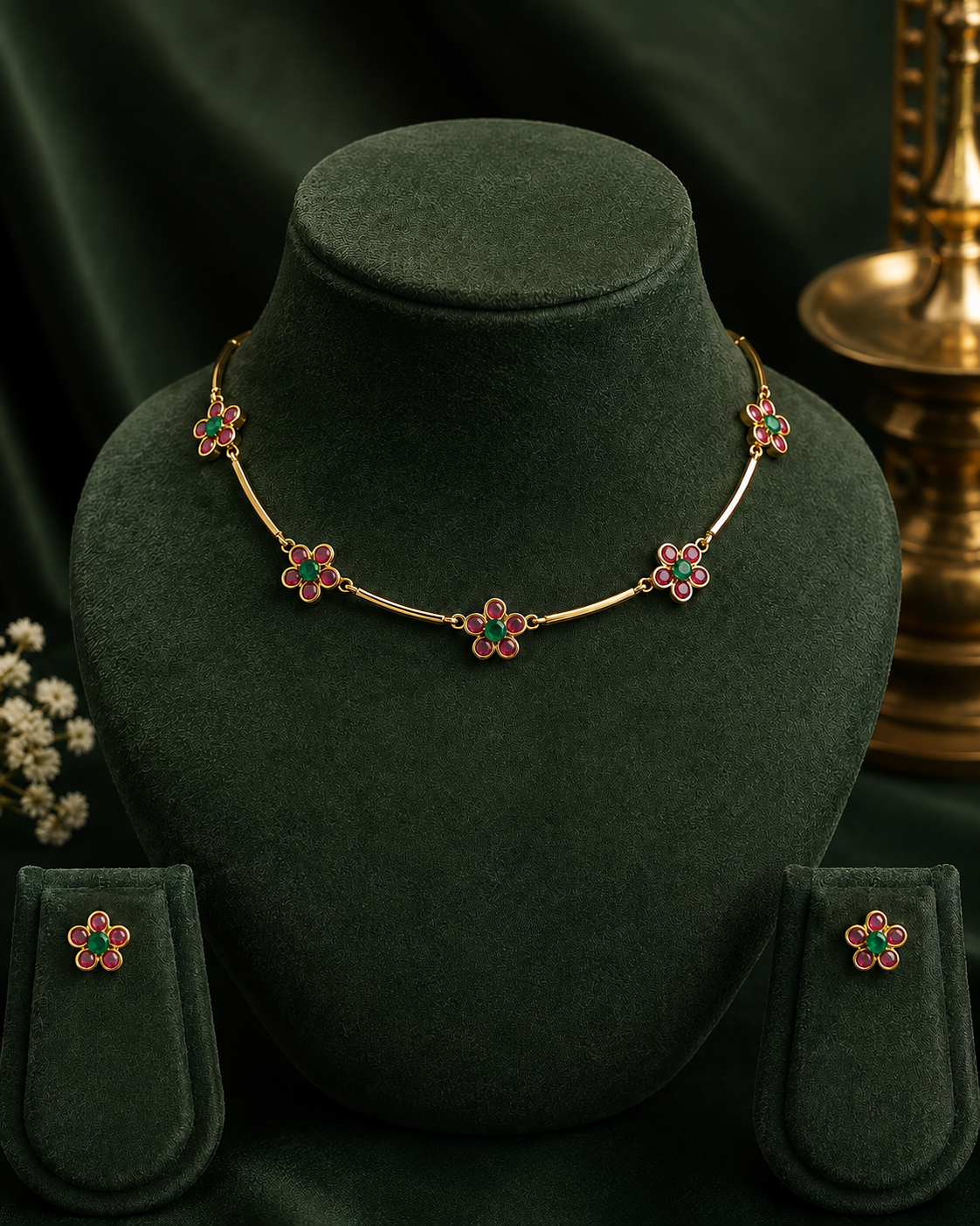 Ruby Floral Station Necklace Set with Matching Stud Earrings | ONK157