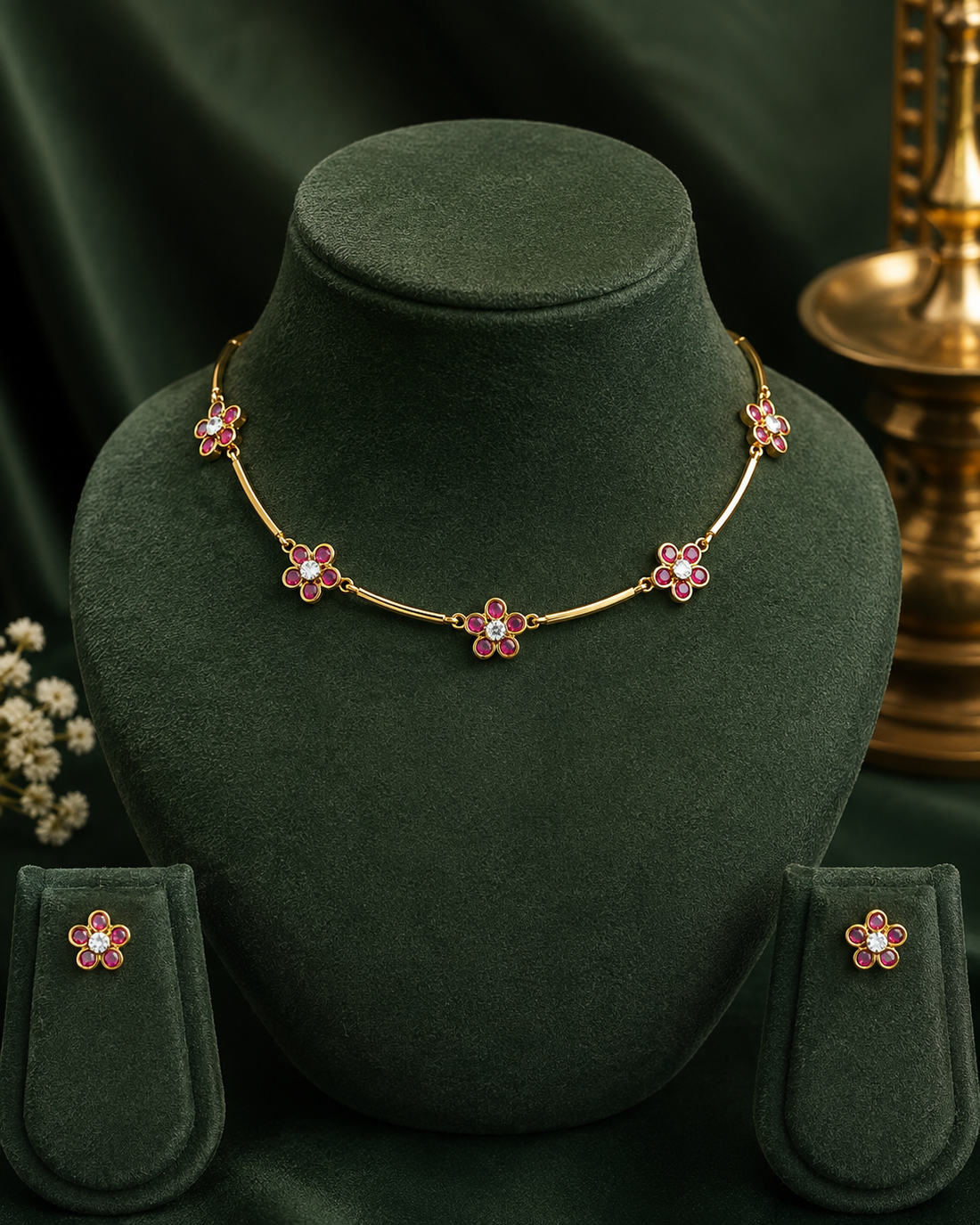 A woman wearing a gold-toned necklace and matching stud earring, each decorated with pink gemstones, styled with a beige sari against a dark green and gold background.